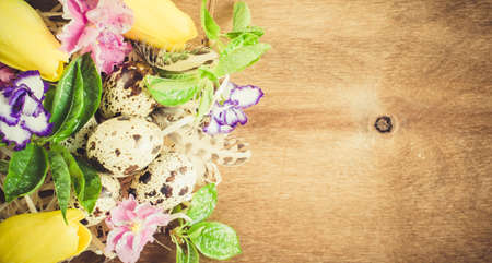 Easter Composition of Easter quail eggs in the nest with spring flowers and foliage on the wooden background. Soft focus.の写真素材