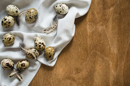 Fresh Organic Quail Eggs on Wooden Table. Rustic stile. Selective Focus.の写真素材