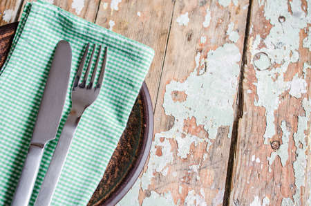 Festive Table Setting in Rustic Style. Concept Spring, Easter or Mother's Day. Holidays background. Selective Focus.の写真素材