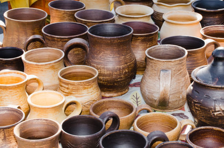 Rustic Kitchen Utensil. Empty Pottery Crockery. Home Wares. Kitchen Decor in Rustic Style.