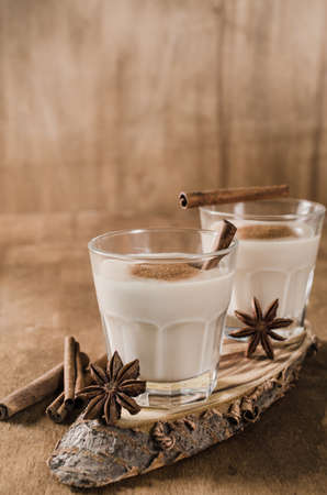 Traditional Homemade Winter Eggnog Cocktail with Whipped Cream and Cinnamon for Christmas Eve and Winter Holidays. Selective Focus. Copy Spaceの写真素材