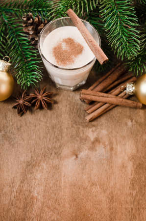 Traditional Homemade Winter Eggnog Cocktail with Whipped Cream and Cinnamon for Christmas Eve and Winter Holidays. Selective Focus. Copy Spaceの写真素材