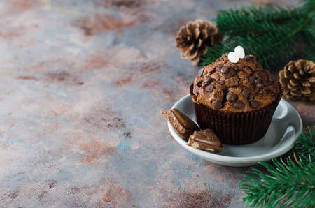 Chocolate muffin and branches fir. Christmas time. Selective Focus. Copy space.の写真素材