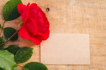 Red rose and empty greeting card. Holiday background. Flat lay style, top view.の写真素材