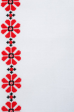 Element Handmade Embroidery on White Linen by Red and Black Cotton Threads. Design of Ethnic...