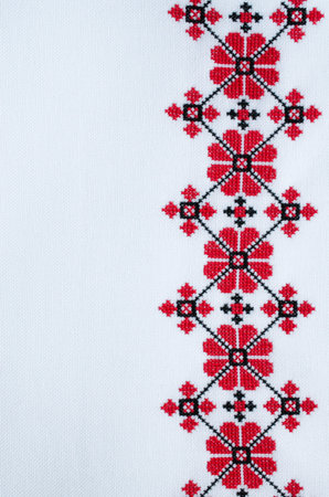 Element Handmade Embroidery on White Linen by Red and Black Cotton Threads. Design of Ethnic...