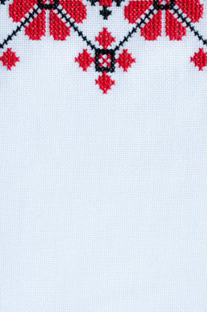 Element Handmade Embroidery on White Linen by Red and Black Cotton Threads. Design of Ethnic...