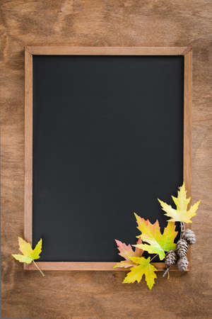 Autumn background with fall leavesand and cones on wooden table. Black chalkboard in center with copy space for your text. Cozy Autumn Still Life. Back to School Concept. Top viewの写真素材