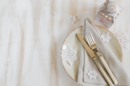 Christmas Table Place Setting With Xmas Decorations at Vintage or Provence Style with Lantern....