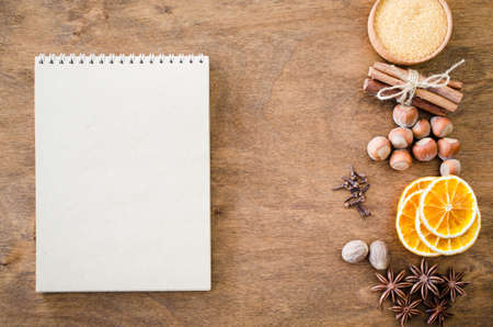 Notebook for writing recipe or menu. Culinary background.の写真素材