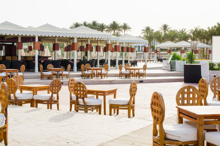 Cozy bar or cafe on territory of five star hotel with sea view in Sharm El Sheikh. Summer in Egypt.のeditorial素材