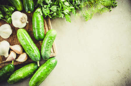 Conservation of fresh green cucumbers for the winter. Preparation marinated salted cucumbers with herbs and spice. Cucumbers with garlic, salt, dill. Homemade preserved vegetables.の写真素材