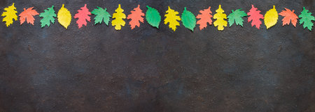 Paper craft, red and yellow Autumn leaves.Top view on flat lay on dark concrete background. Space...