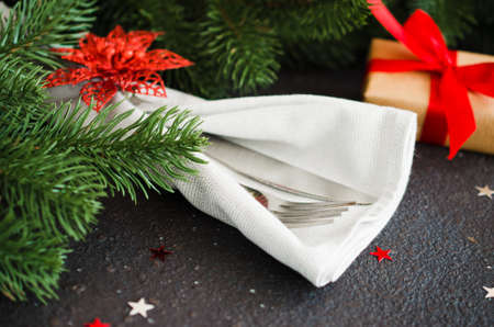 Christmas table setting. Winter background for writing the Christmas or New Year Menu. Christmas tree, cutlery and present. Top view or flat lay. Copy Space.の写真素材