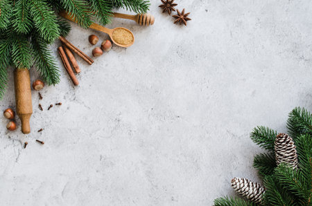 Christmas culinary background for menu or recipe. Spices for baking and fir branches on gray...