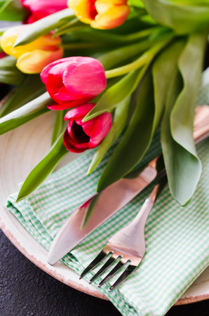 Festive Table Setting With Tulips. Holiday Table Set for Birthday, Mother's Day or for another...