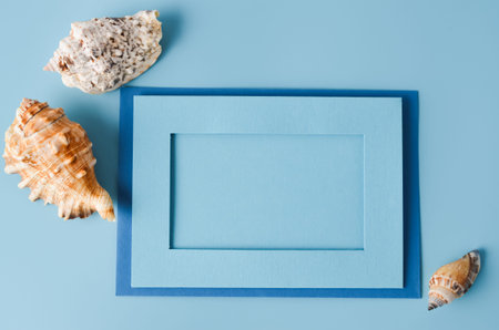 Summer vacation concept. Blue background with paper frame different seashells. Flat lay, top view....