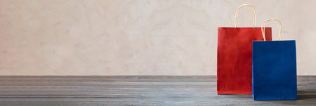 Mock-up of blank paper packages, mockup of holiday shopping bags. Copy space for your logo. Holiday shopping. Christmas presentsの写真素材