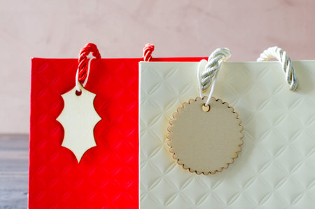 Mock-up of blank craft package, mockup of red paper shopping bag.