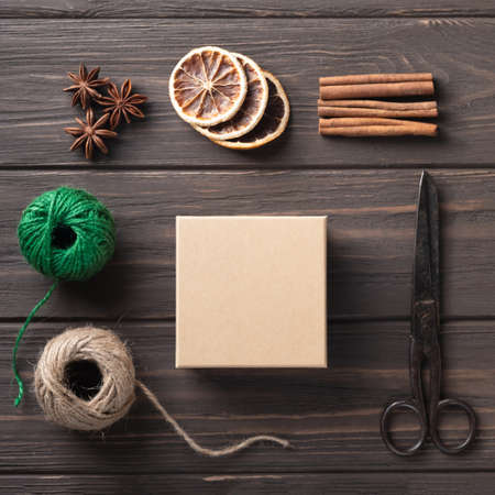 Gifts wrapping ideas. Natural design. Packaging holiday gifts. Christmas decorations. Step by stepの写真素材