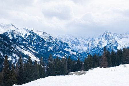 Scenic of snow-capped mountain landscape on a cloudy day in winter, Tatra Mountains.の写真素材