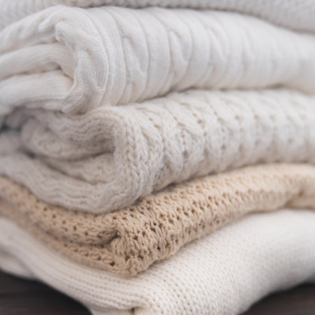 White and beige sweaters are stacked. Different knitted patterns. Autumn or winter background.の写真素材