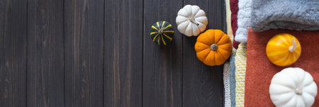 Autumn background with a variety of wool knitted sweaters and pumpkins