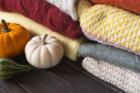 Autumn composition with different knitted sweaters and pumpkins. Seasonal background.の写真素材