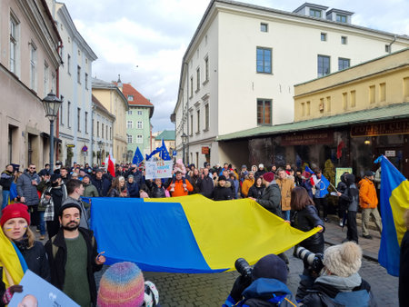 KRAKOW, POLAND - FEB 19, 2022: Meeting to support peace in Ukraine and against Russian aggressionのeditorial素材