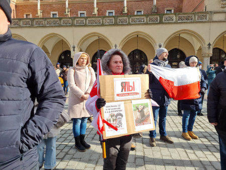 KRAKOW, POLAND - FEB 19, 2022: Meeting to support peace in Ukraine and against Russian aggressionのeditorial素材