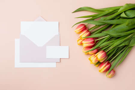 Blank Clean minimal business card mockup and elegant greeting card with bouquet of tulipsの写真素材