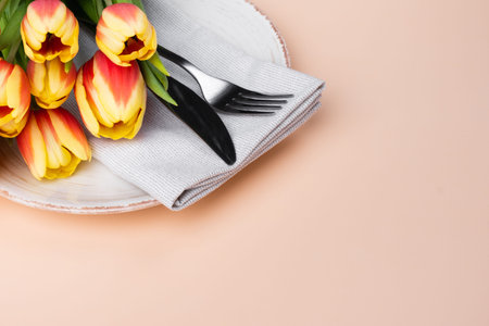 Festive Table Setting With Tulips. Holiday Table Set for Birthday, Mothers Day or for another...