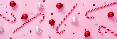 Christmas banner. Creative holiday pattern made of candy canes and baubles on pink background.の写真素材