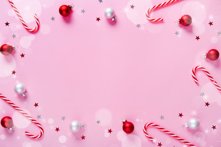 Christmas composition. Frame made of candy canes, holiday decorations on a pink background.の写真素材