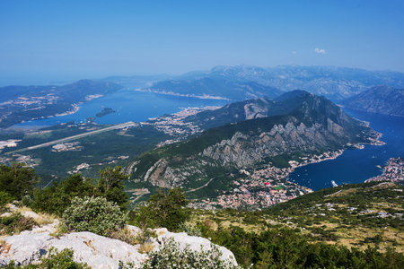 Picturesque panoramic view from above on Bay of Kotor and the mountains around. Montenegro, Europe.の写真素材