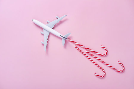 Christmas travel concept. Model of passenger plane and candy canes on pink backgroundの写真素材
