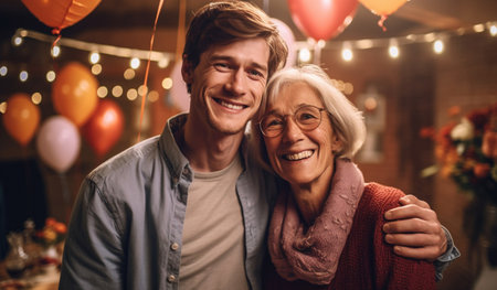Portrait of mature man hugging smiling middle aged mother showing love and care. Generative AIの素材