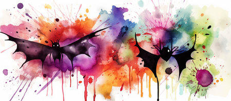 Colorful composition with multi-colored spots and bats. Halloween banner with watercolor illustration. Generative AIの素材