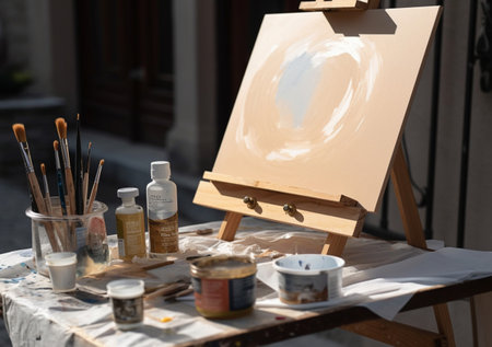 Workplace of the artist with paints, brushes and easel. Generative AI.の素材