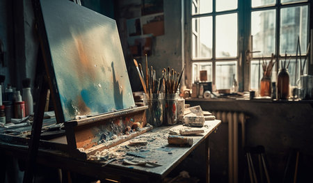 Workplace of the artist with paints, brushes and easel. Generative AI.の素材