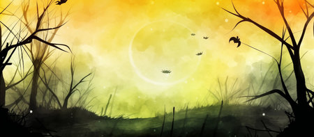 Watercolor Halloween banner with copy space. Gloomy forest and tree silhouettes on an orange background. Generative AIの素材