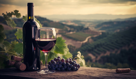 Grape harvest and wine production. Red wine on grape plantation background. Generative AIの素材