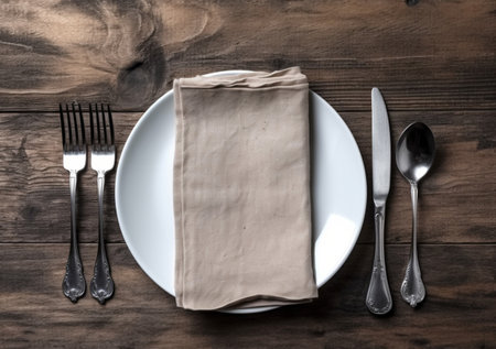 Dinner or Diet, Table Reservation concept. Crockery and Cutlery at Vintage Style. Generative AIの素材