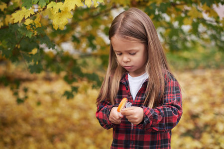 A cheerful little girl unwraps a lollipop candy. Halloween treat. Autumn holidayの写真素材