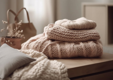 Stack of cotton and knitted colorful clothes on the table. Stacked and folded clean clothing. Generative AI.の素材
