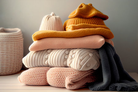 Stack of folded wool knitted baby clothes or blankets. Generative AI. Warm cozy clothes.の素材