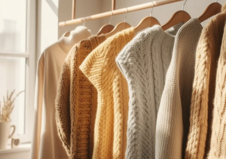 Knitted sweaters hang on hanger in open wardrobe in room. Cozy and comfortable autumn fashion wardrobe. Generative AI.の素材