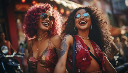 Happy homosexual couple enjoying with friends on a music festival. Party and entertainment conceptの素材