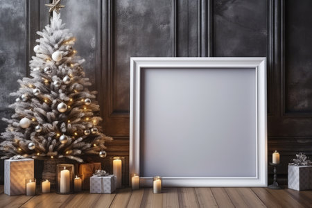 Frame mockup for presentation of poster design or art work in an elegant Christmas interior. White empty frame with copy space template. Generative AIの素材