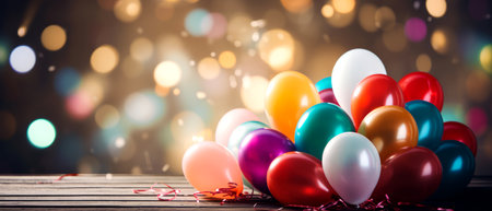 Holiday banner with balloons and bokeh lights. Colorful background, birthday and anniversary concept. Generative AIの素材